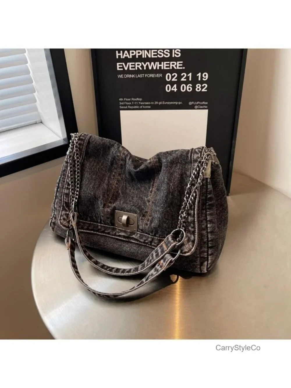 Large Denim Tote Bag Women Crossbody Shoulder Handbag Turn-Lock Casual Retro